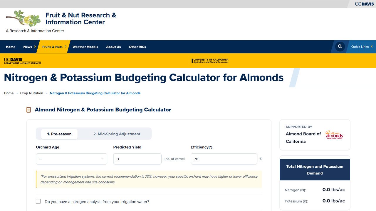 Webpage screenshot: Nitrogen &amp; Potassium Budgeting Calculator for Almonds with input form