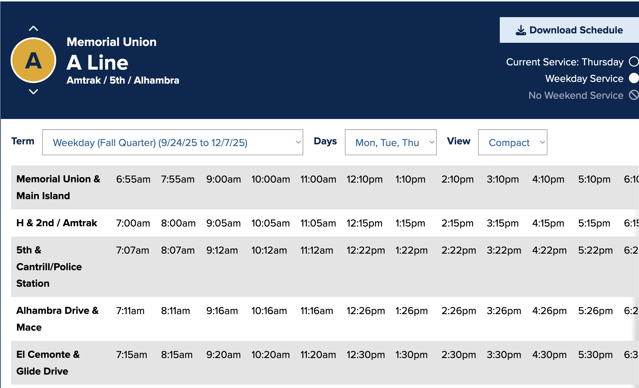 Unitrans Route Scheduler Website Screenshot