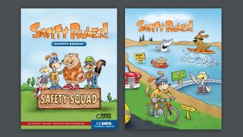 A booklet titled "Safety Rule!" featuring various cartoon animals.