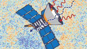 A digital illustration of a satellite floating above a noisy background with waves emerging from the satellite's dish.