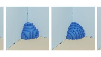 Multiple renderings of a quarter sphere, broken down into blocks for simpler calculation of volume.