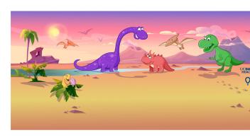 An illustration of several cartoon dinosaurs and volcanos in the background.