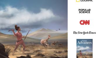 An archeological Illustration of a female hunting vicuña with mountains in the background. Several logos of publications are shown with the text "as seen on"