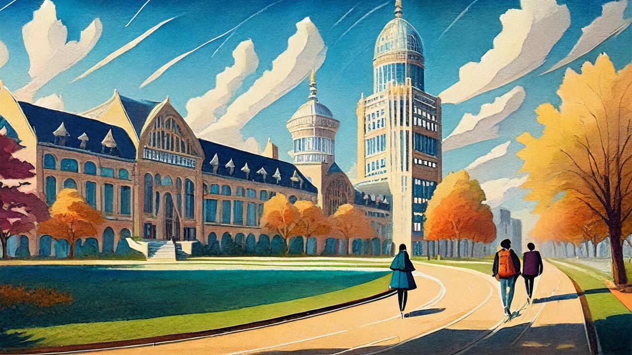 AI generated image showing a futuristic college campus with students walking on a path in the Art Nouveau style