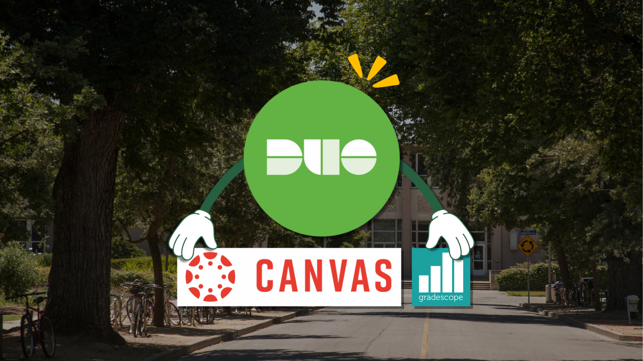 duo, canvas and Gradescope logos over a photo of UC Davis