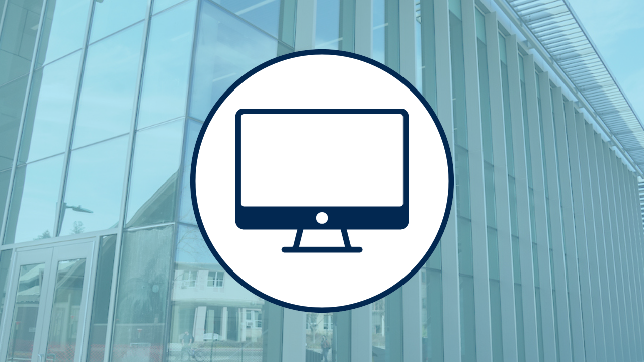 Graphic of a computer monitor icon on a background of glass building exterior.