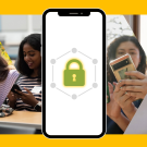 Smartphone graphic with green padlock centered; photos of people using phones at sides.