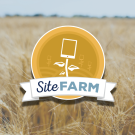 Circular SiteFARM badge over golden wheat field photograph