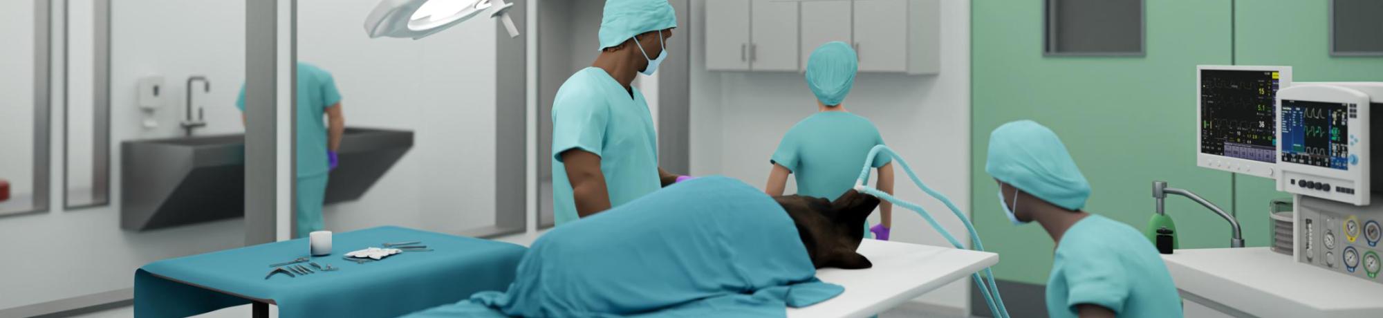 A 3D rendering of multiple veterinarians and a dog in an operating room.